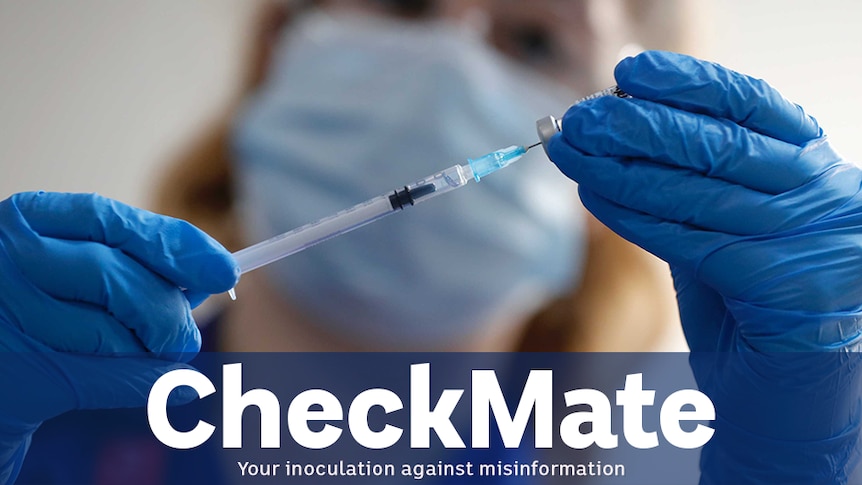 A woman wearing a mask in background using a syringe to draw from a vial. A blue banner is present which says "CHECKMATE"