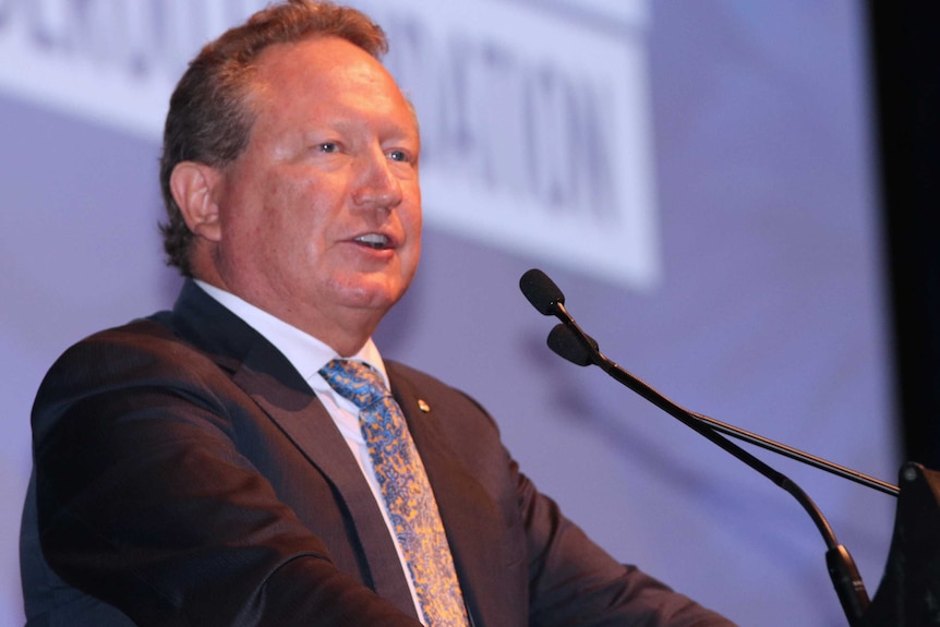 A mid shot of Andrew Forrest speaking at a podium on stage.