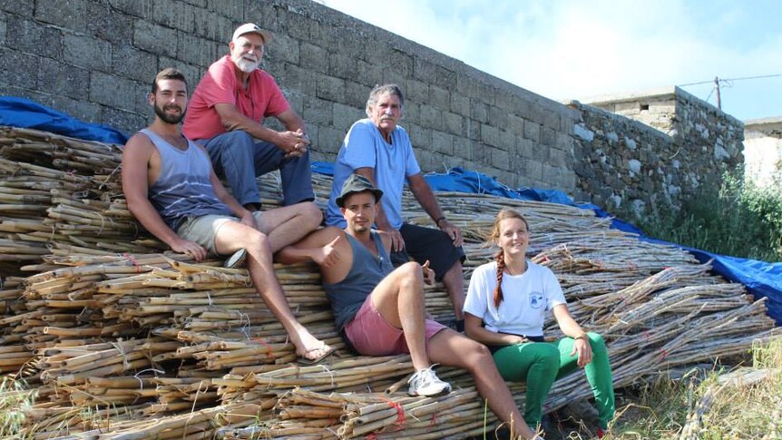 Five raft builders sit on a large bundle of cane in the sun.