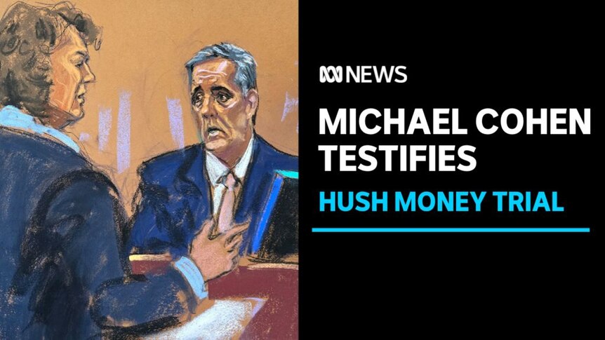Michael Cohen Testifies, Hush Money Trial: A court sketch of Michael Cohen in the witness box.