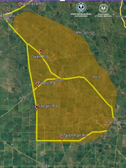 A map of South Australia's Mid North where an area of Owen, Salter Springs and Alma, south of Balaklava and north of Mallala