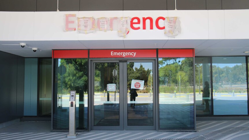 Outside the emergency entrance of the new Royal Adelaide Hospital.