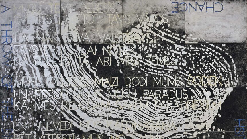 A multi canvas painting, abstract image with overlaid text