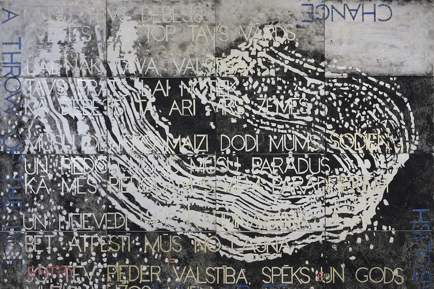 A multi canvas painting, abstract image with overlaid text