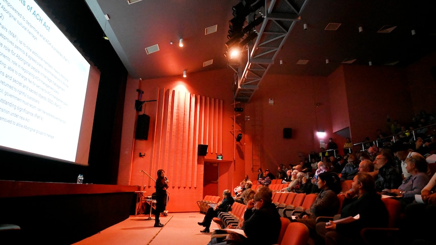 A woman delivers a powerpoint presentation to a crowd of people in a dimly lit auditorium