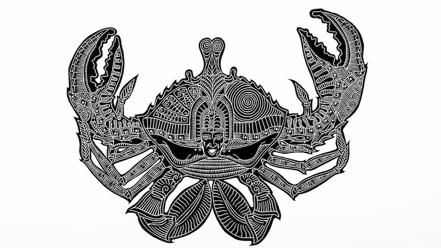 An intricate artwork of a crab and a warror