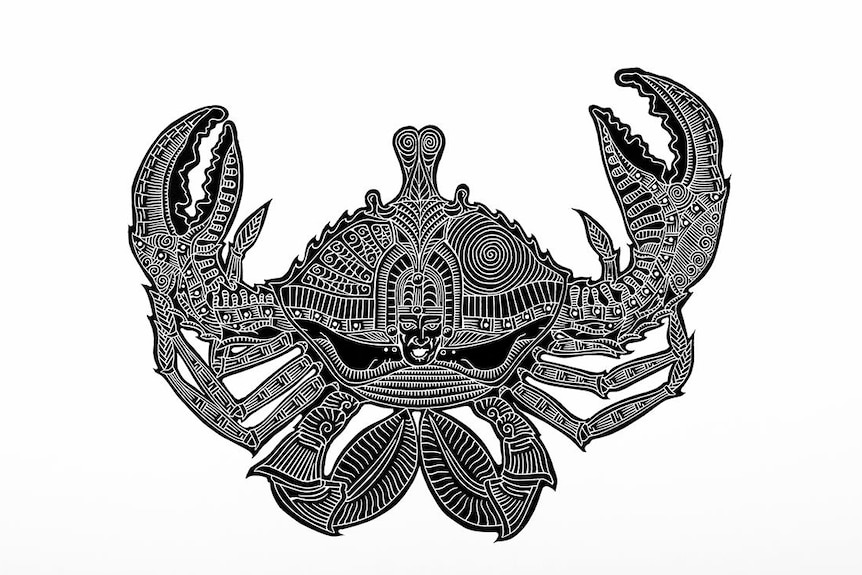 An intricate artwork of a crab and a warror