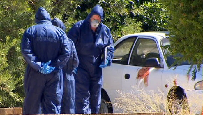 Blood on a car and forensics officers at the scene of a fatal stabbing in Balga, WA.