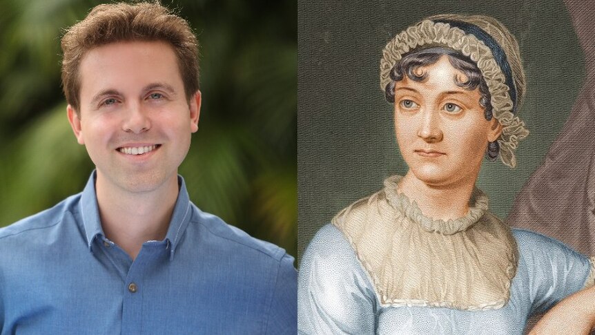 A portrait of Bryan Kozlowski wearing a blue collared shirt, alongside a drawing of Jane Austen wearing a bonnet.
