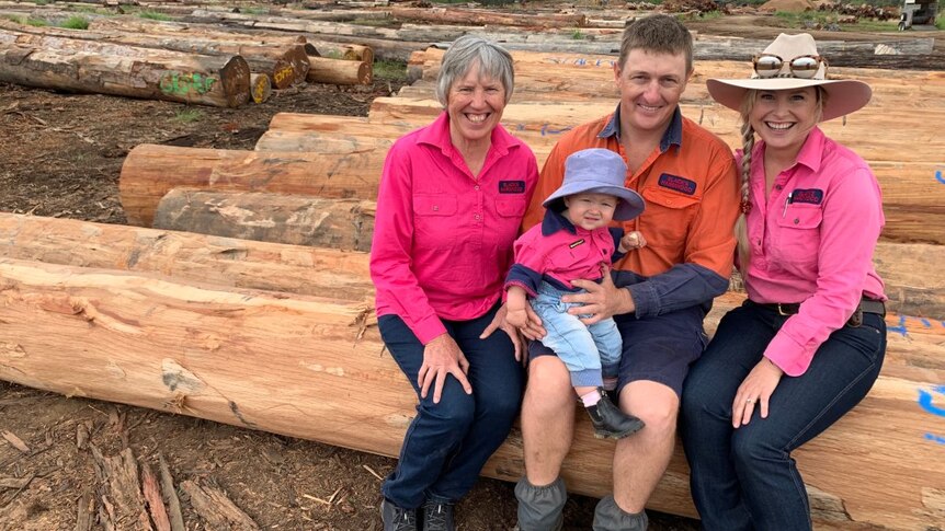 The Pershouse family sit on timber logs at their sawmill.