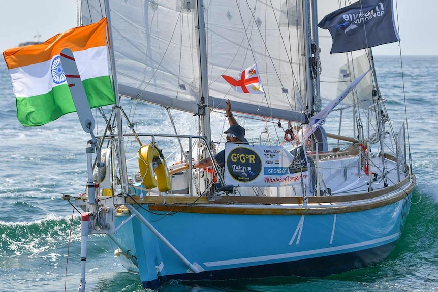 Solo sailor Abhilash Tomy on his yacht Thuriya in the ocean.