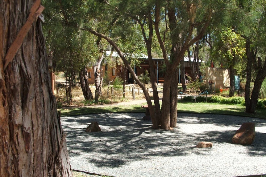 A school yard with trees, gravel and grass in the foreground and a brick building in the background.