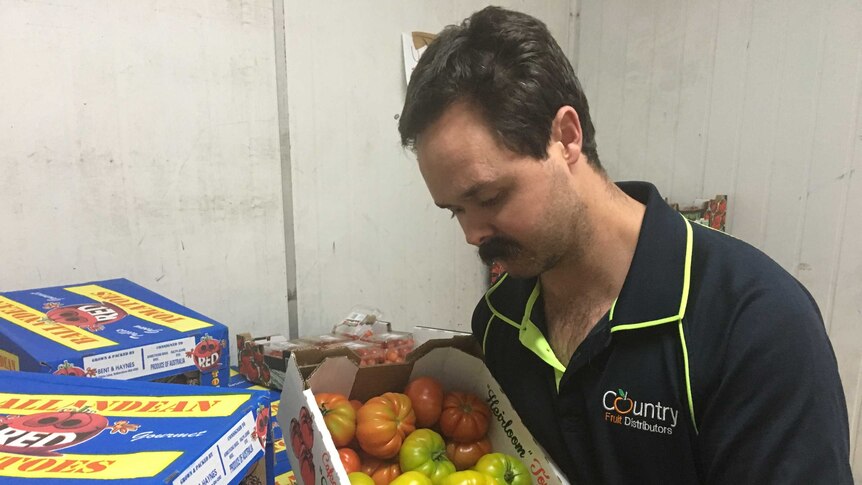 Owner of Country Fruit Distributors in Orange, Clint Evans, holding a box of green and red Heirloom Tomatoes