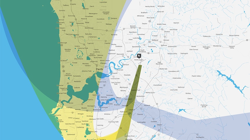 A map showing current flight paths in blue, and the proposed new flight path in yellow for air services over Perth.