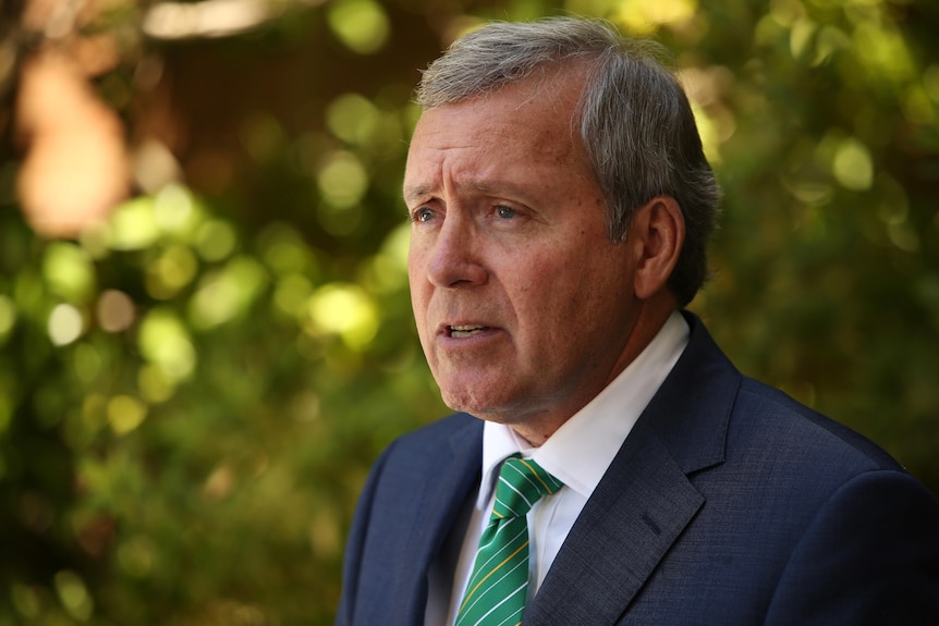 A head and shoulders shot of WA Environment Minister Reece Whitby speaking in a suit and tie outdoors.