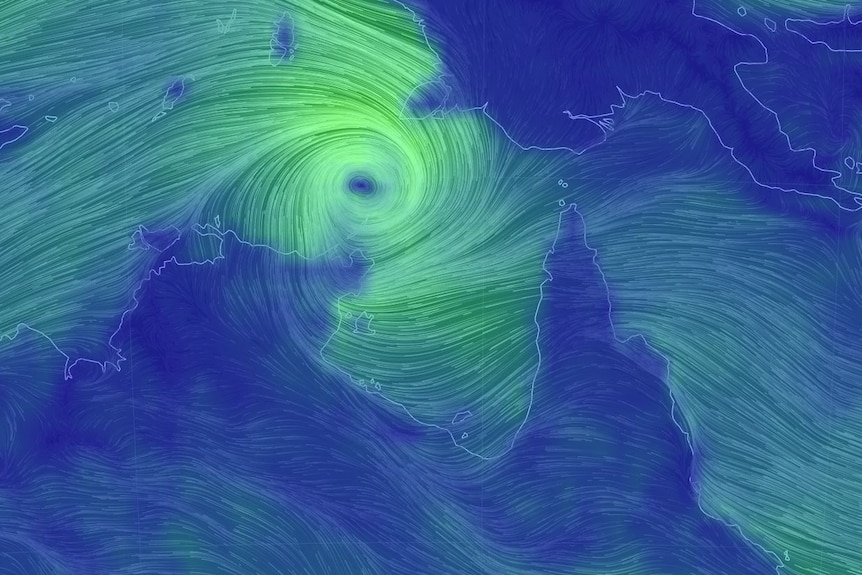 Wind map showing Tropical Cyclone Nora north of the Gulf of Carpentaria in northern Australia on March 23, 2018