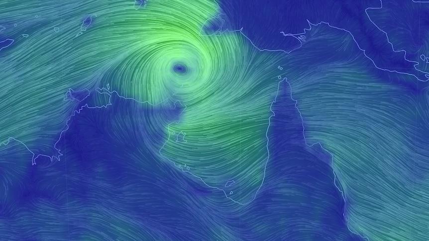 Wind map showing Tropical Cyclone Nora north of the Gulf of Carpentaria in northern Australia on March 23, 2018