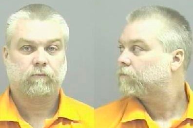 Mugshots, one front-on and one in profile, show Steven Avery in an orange prison jumpsuit in front of a grey background.