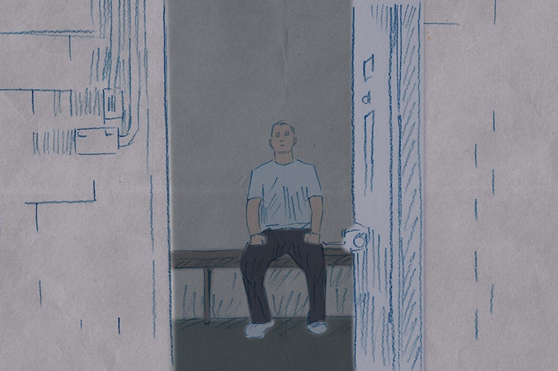 An illustration of a person sitting alone in a prison cell.