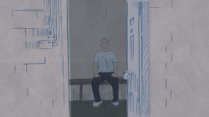 An illustration of a person sitting alone in a prison cell.