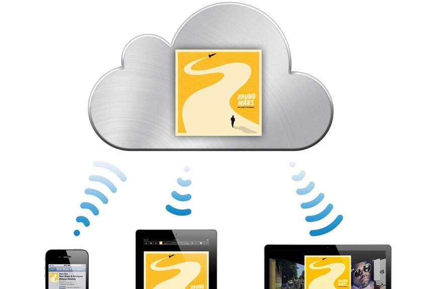 Graphic showing how the iCloud, a music-streaming service from Apple, works with various Apple devices (Apple)