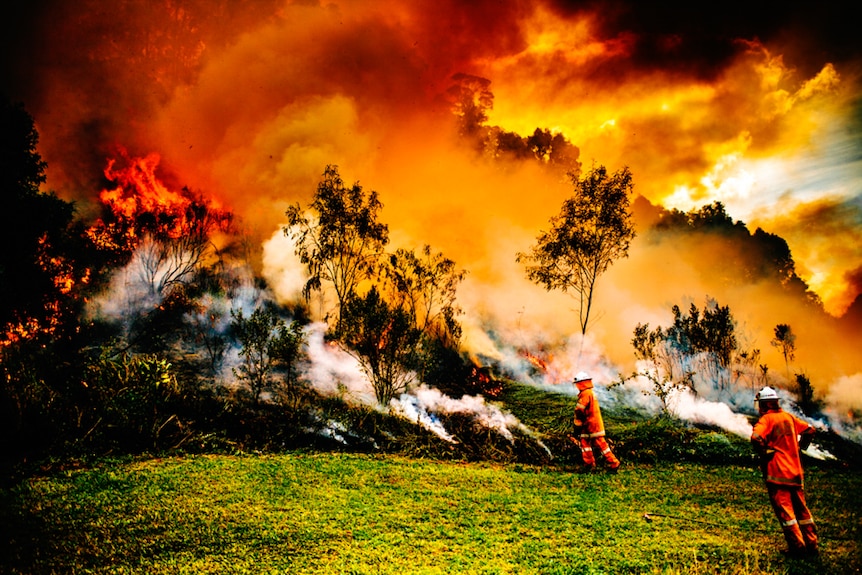 Two fire fighters checking a raging fire.