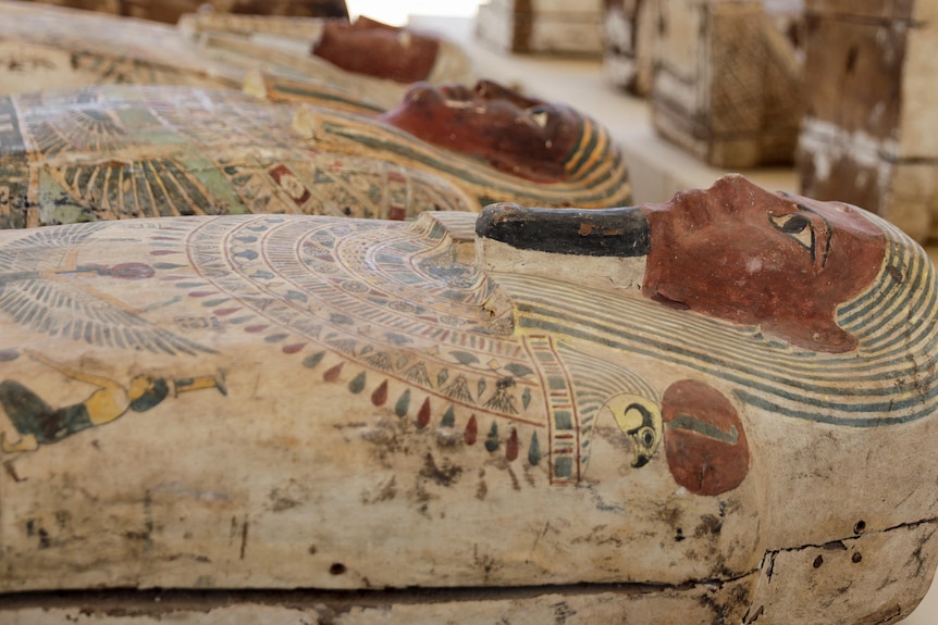 Sarcophaguses that are around 2500 years old, from the newly discovered burial site near Egypt's Saqqara.