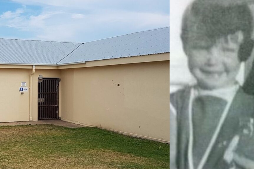 A toilet block and a historical image of a girl.