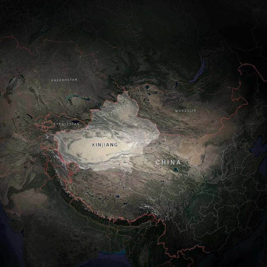 A map highlighting the Xinjiang Province in China.