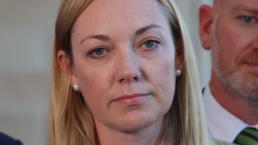 A head and shoulders shot of WA Nationals leader Mia Davies looking unimpressed at press conference at Parliament.