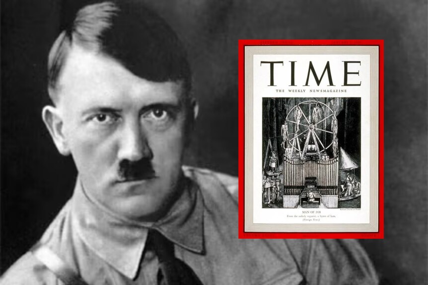 Adolf Hitler with his person of the year magazine cover as inset 
