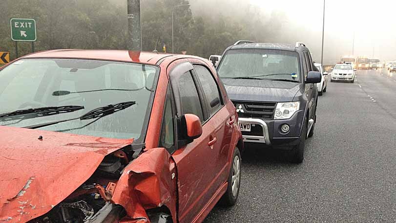 Crashes on a wet and foggy morning in the Adelaide Hills left a number of cars damaged.