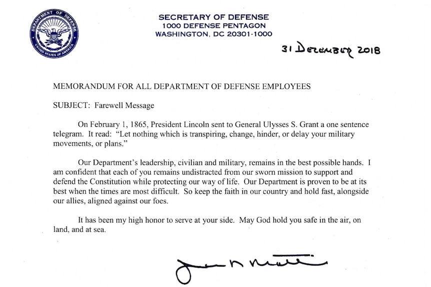 A short letter from James Mattis, written under a Secretary of Defence masthead and crest.
