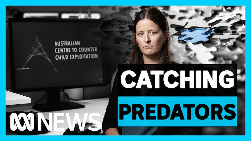 Catching Predators: A woman stands in front of a computer monitor.