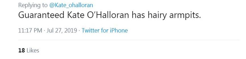Screenshot of a tweet that says "Guaranteed Kate O'Halloran has hairy armpits."