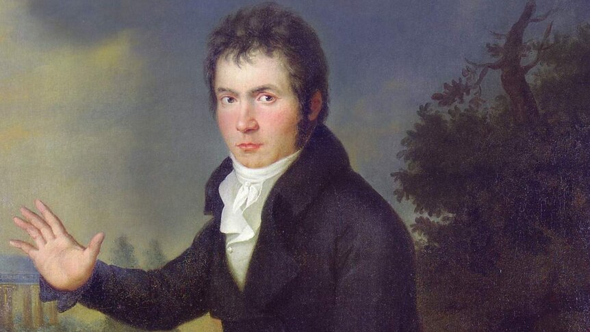 A painting of a man sitting in a blue coat and white shirt holding up his right hand up. In the other hand he is holding a lyre.