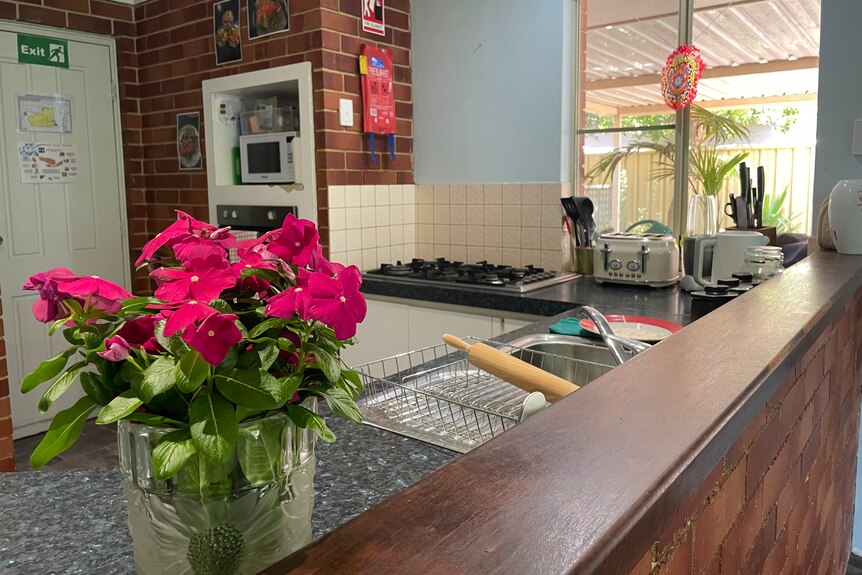 A bunch of flowers sits on a kitchen bench.
