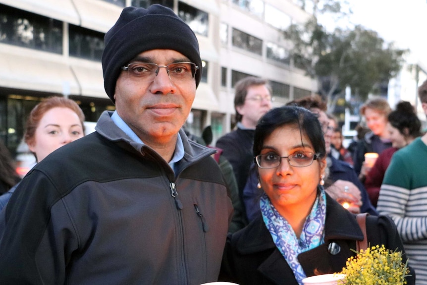 Nadeem and Faeza Samnakay at light the dark protest canberra