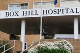 The exterior sign of the Box Hill Hospital, underneath which a bush of white flowers blooms next to a concrete staircase.
