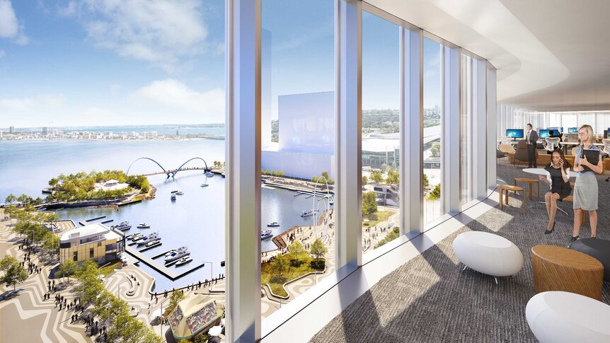 An artist's impression of looking out from a building to Elizabeth Quay.