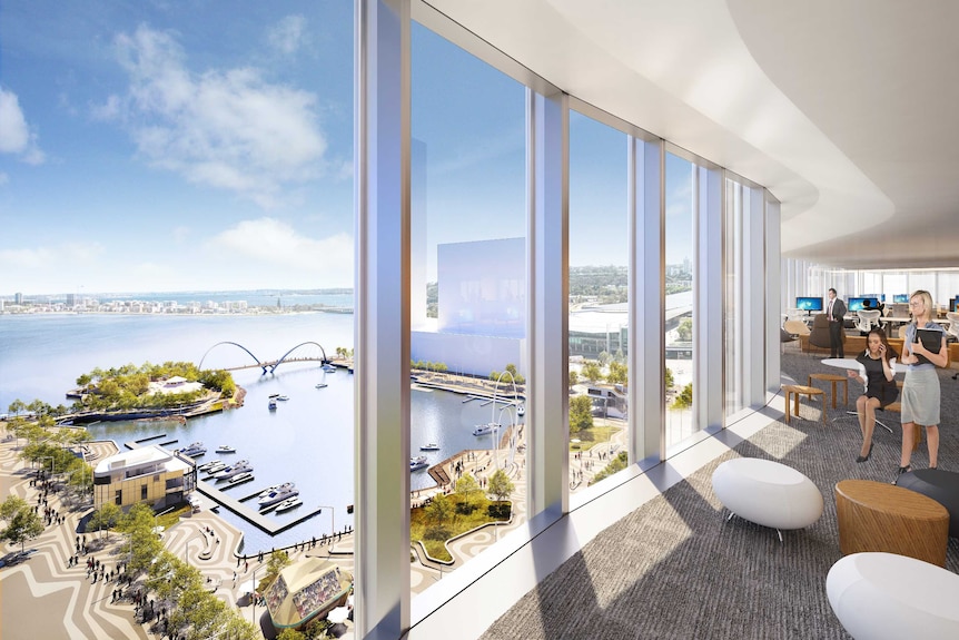 An artist's impression of looking out from a building to Elizabeth Quay.