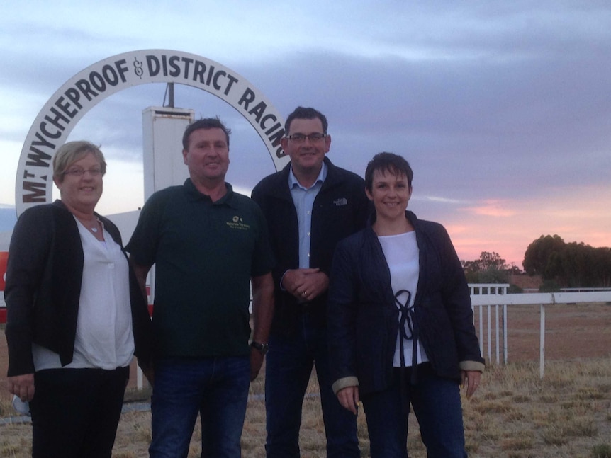 Water Minister Lisa Neville (left), VFF president Peter Tuohey, Premier Daniel Andrews and Agriculture Minister Jaala Pulford