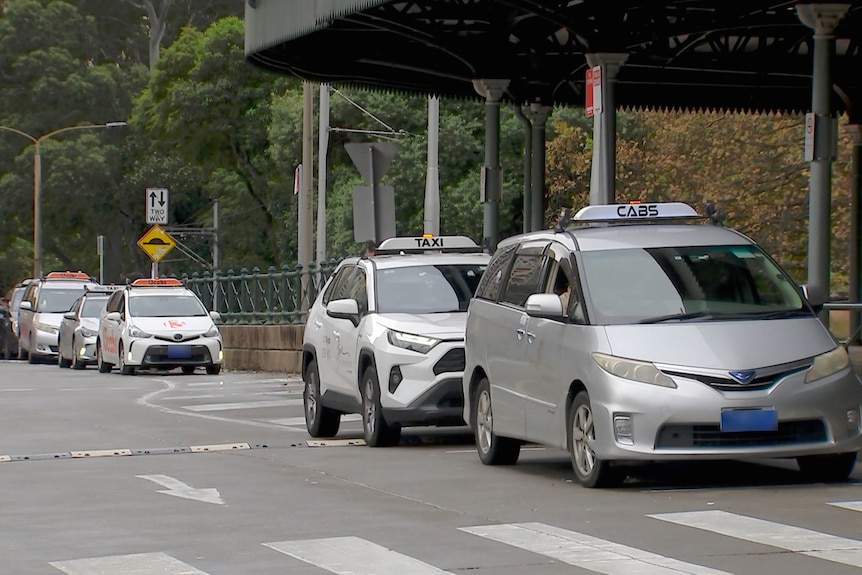 I taxi sono parcheggiati in un posteggio fuori dalla stazione centrale di Sydney