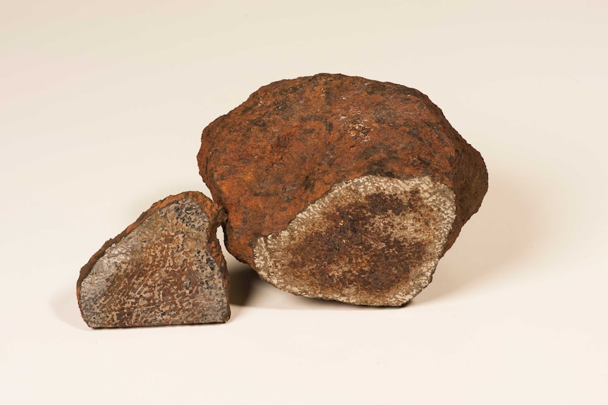 A large piece of meteorite and a small slice of the same meteorite on a white background.