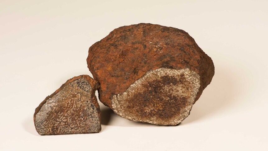 A large piece of meteorite and a small slice of the same meteorite on a white background.