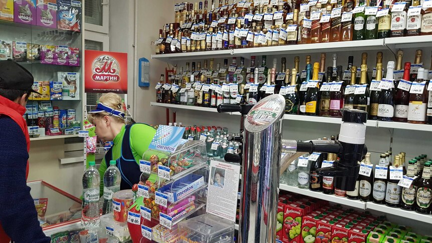 Beer on tap in a Russian corner store.