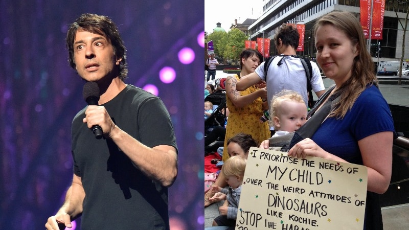 A split image shows Arj Barker speaking into a microphone on stage and a woman with a baby strapped to her and cardboard sign