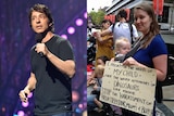 A split image shows Arj Barker speaking into a microphone on stage and a woman with a baby strapped to her and cardboard sign