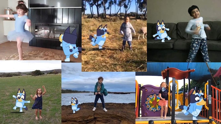 Various images of children dancing along with Bluey