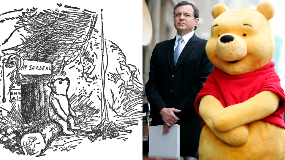 A hand-drawn image of Winnie the Pooh, constrasted with a photo of a human-sized Pooh wearing a red shirt.